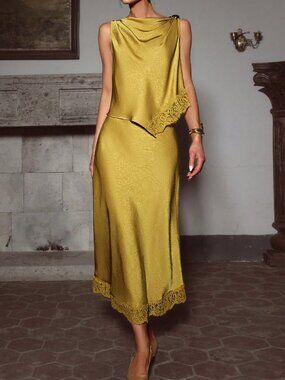 Turmeric Casual Women's Contrast Lace Asymmetrical Split Camisole Skirt Set
